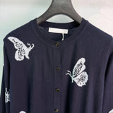 2026 Women Knitwear Crew Neck Butterfly Jacquard Cardigan Front Button Closure Ribbed Hem Cuff