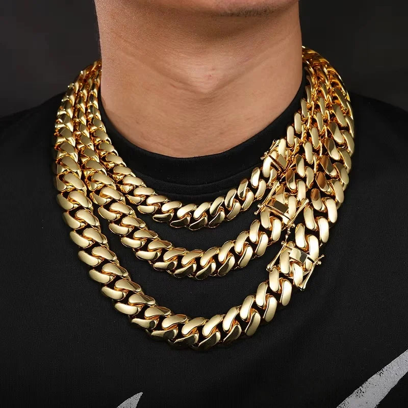 15mm Hip Hop Bling Gold Color Stainless Steel Cuban Miami Link Chain Necklaces for 18k Gold-plated Men Rapper Jewelry(1PC)