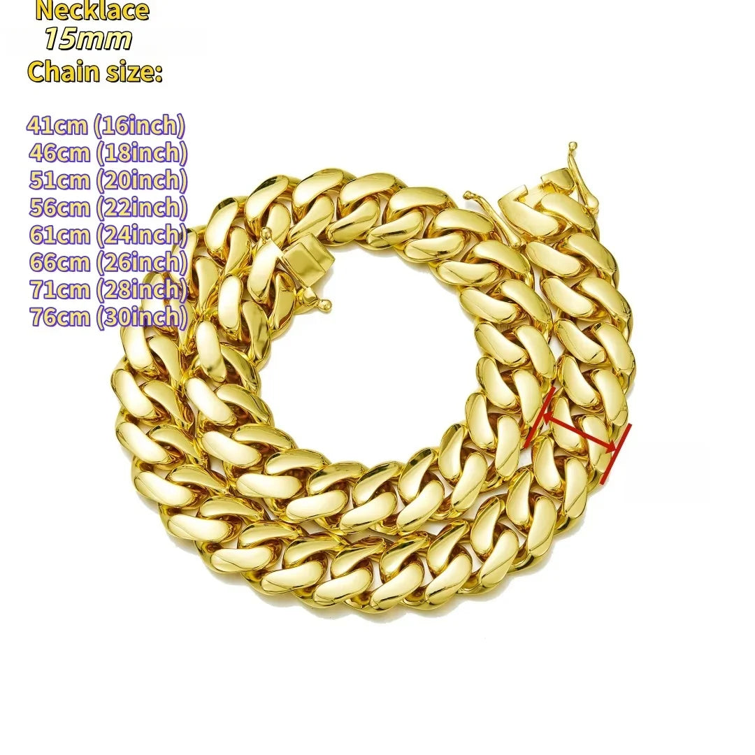 15mm Hip Hop Bling Gold Color Stainless Steel Cuban Miami Link Chain Necklaces for 18k Gold-plated Men Rapper Jewelry(1PC)