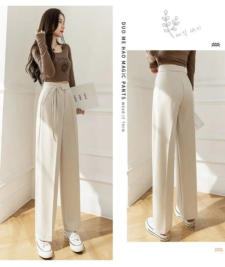 Lady Baggy Pants High Waist Lace Up Straight Leg Pants Women's Classic Designer Suit Trousers High Fashion Korean style Office