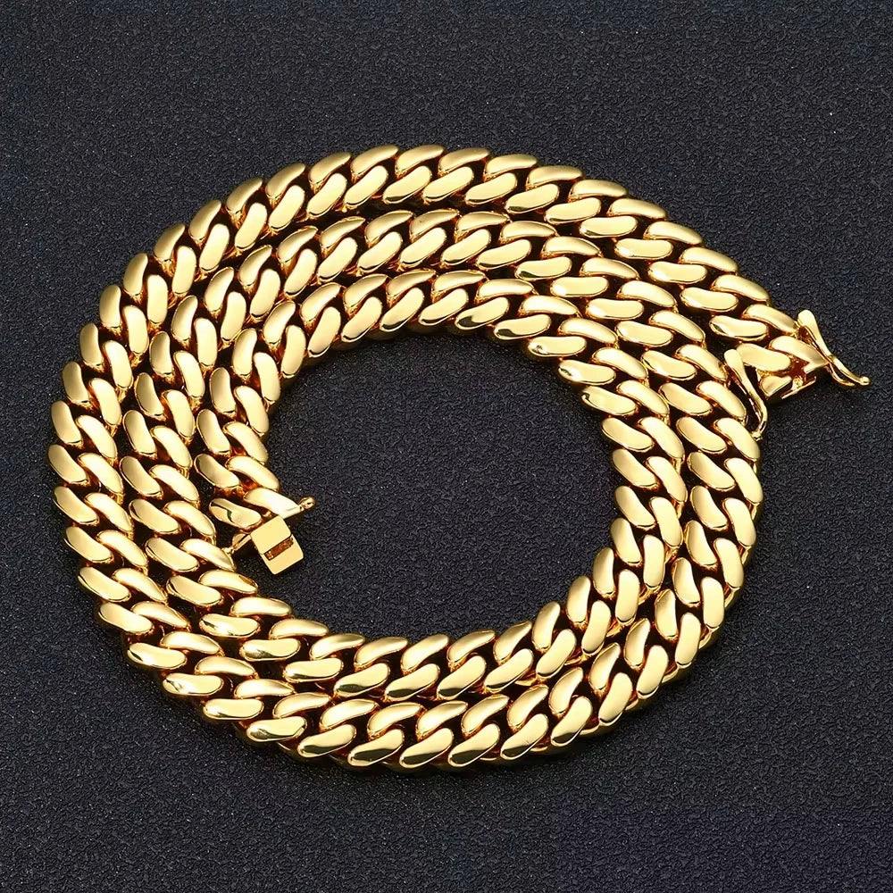 15mm Hip Hop Bling Gold Color Stainless Steel Cuban Miami Link Chain Necklaces for 18k Gold-plated Men Rapper Jewelry(1PC)