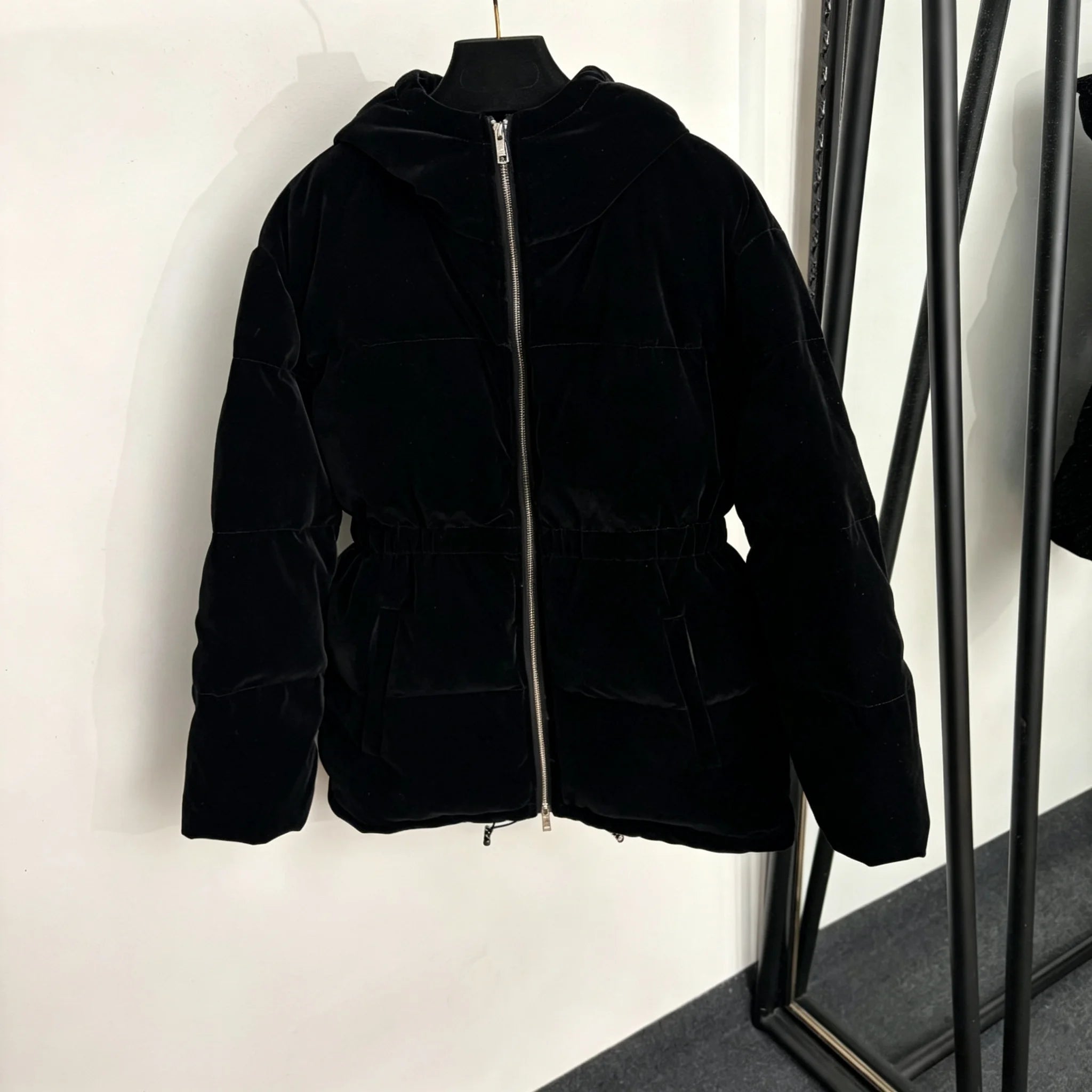 2026 Women Winter Velvet Waist‑Toggled Hooded Puffer Coat ZX5803