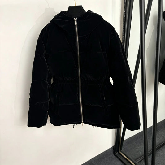 2026 Women Winter Velvet Waist‑Toggled Hooded Puffer Coat ZX5803