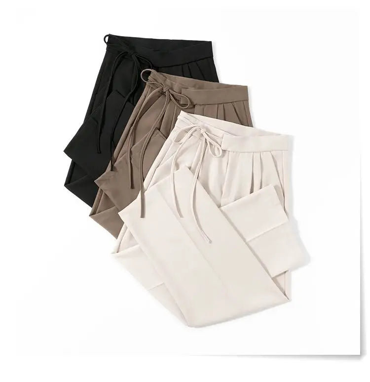 Lady Baggy Pants High Waist Lace Up Straight Leg Pants Women's Classic Designer Suit Trousers High Fashion Korean style Office
