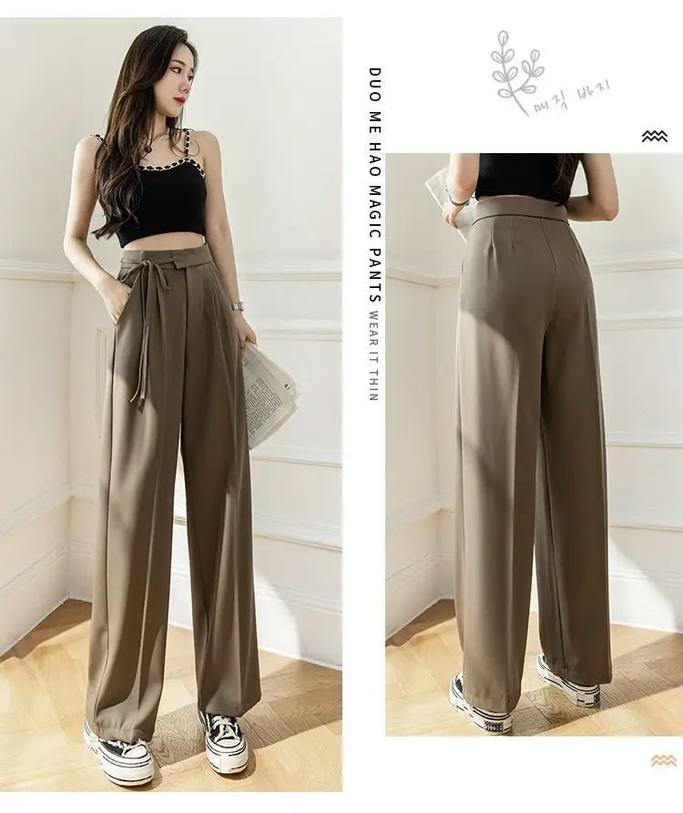 Lady Baggy Pants High Waist Lace Up Straight Leg Pants Women's Classic Designer Suit Trousers High Fashion Korean style Office