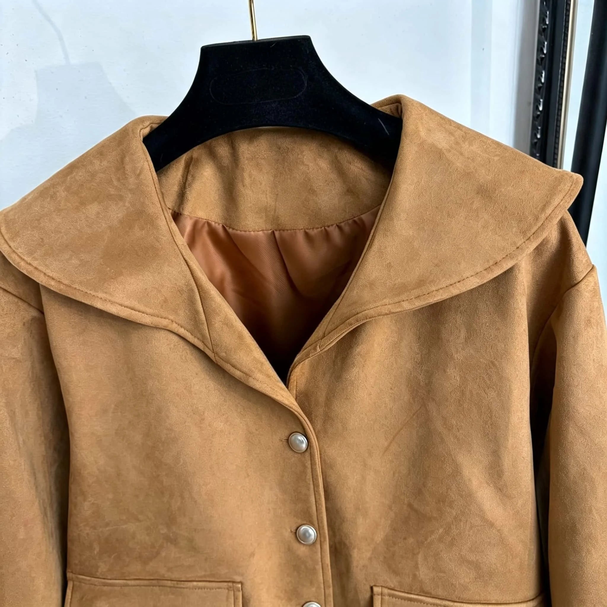 C90-2026 New Ladies Classic Luxury Single Breasted Large Lapel Long Sleeve Deerskin Velvet Jacket, Camel, SML