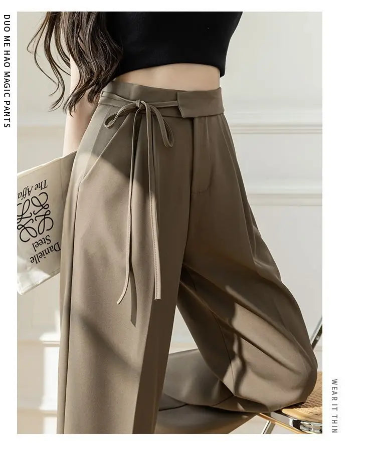 Lady Baggy Pants High Waist Lace Up Straight Leg Pants Women's Classic Designer Suit Trousers High Fashion Korean style Office
