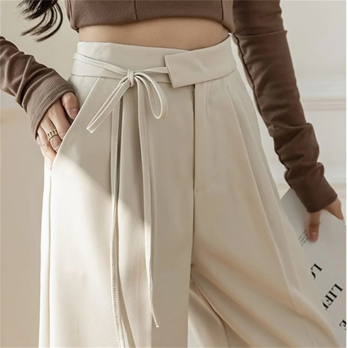 Lady Baggy Pants High Waist Lace Up Straight Leg Pants Women's Classic Designer Suit Trousers High Fashion Korean style Office