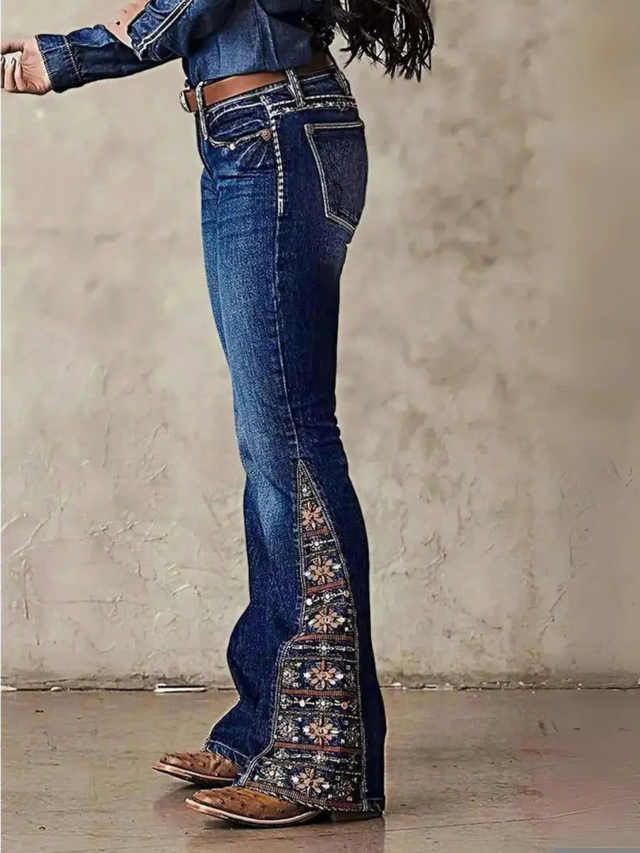 【HME】Jeans | Retro Floral Embroidered Denim Pants, Western Flare Design With Ornate Side Patchwork, Classic Dark Wash Denim Fabric, Stylish Boot‑Cut Pants For Cowgirl Daily & Party Occasions