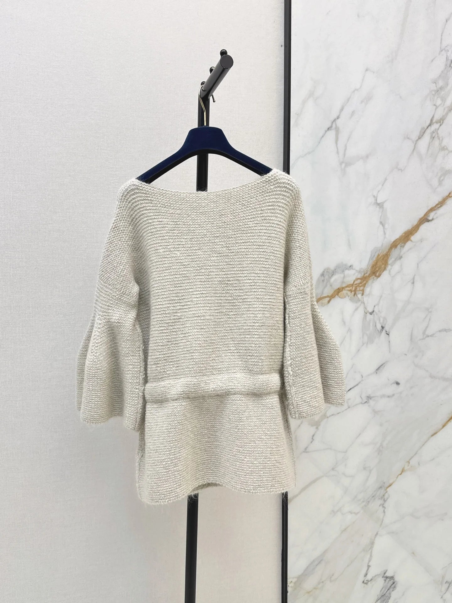 2026 Women Tunic Sweater Boat Neck Batwing Flare Sleeve Leather Drawstring Bow Waist Thick Wool Blend Loose Top