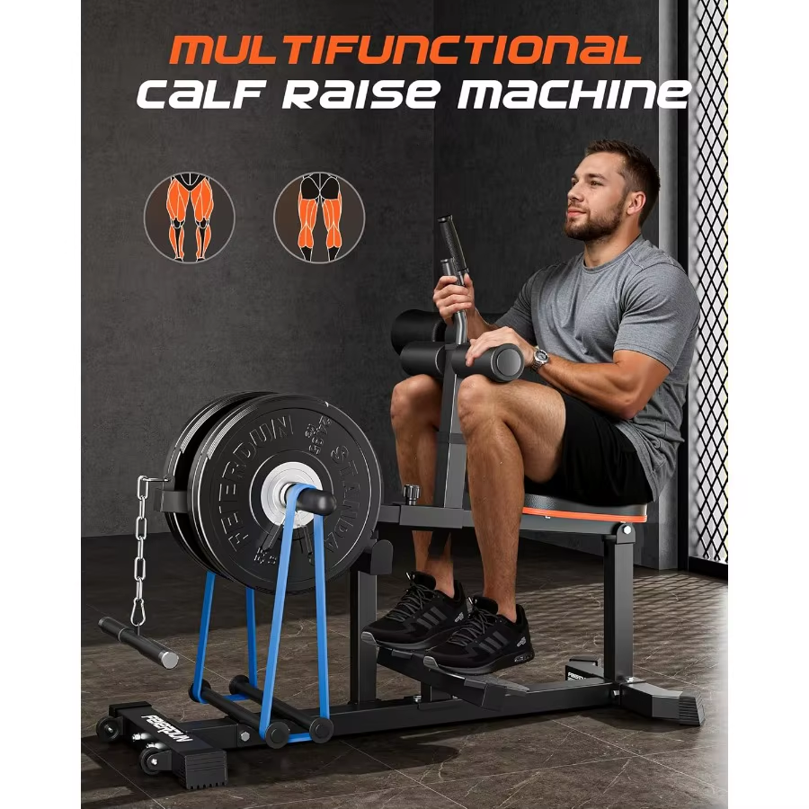 Adjustable Seated Calf Raise Machine with Band Pegs and Bicep Curl Handle for Leg Training and Exercise - Home Gym Equipment
