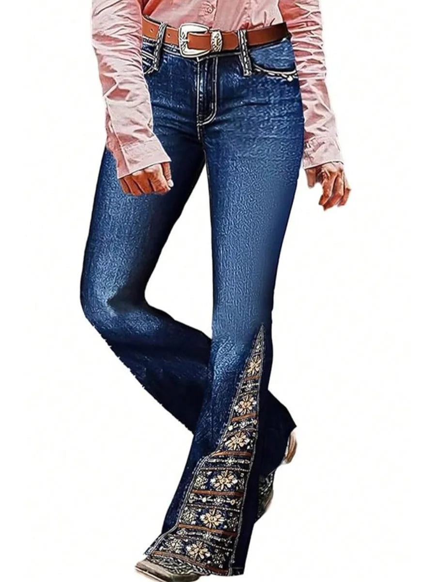 【HME】Jeans | Retro Floral Embroidered Denim Pants, Western Flare Design With Ornate Side Patchwork, Classic Dark Wash Denim Fabric, Stylish Boot‑Cut Pants For Cowgirl Daily & Party Occasions