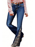 【HME】Jeans | Retro Floral Embroidered Denim Pants, Western Flare Design With Ornate Side Patchwork, Classic Dark Wash Denim Fabric, Stylish Boot‑Cut Pants For Cowgirl Daily & Party Occasions