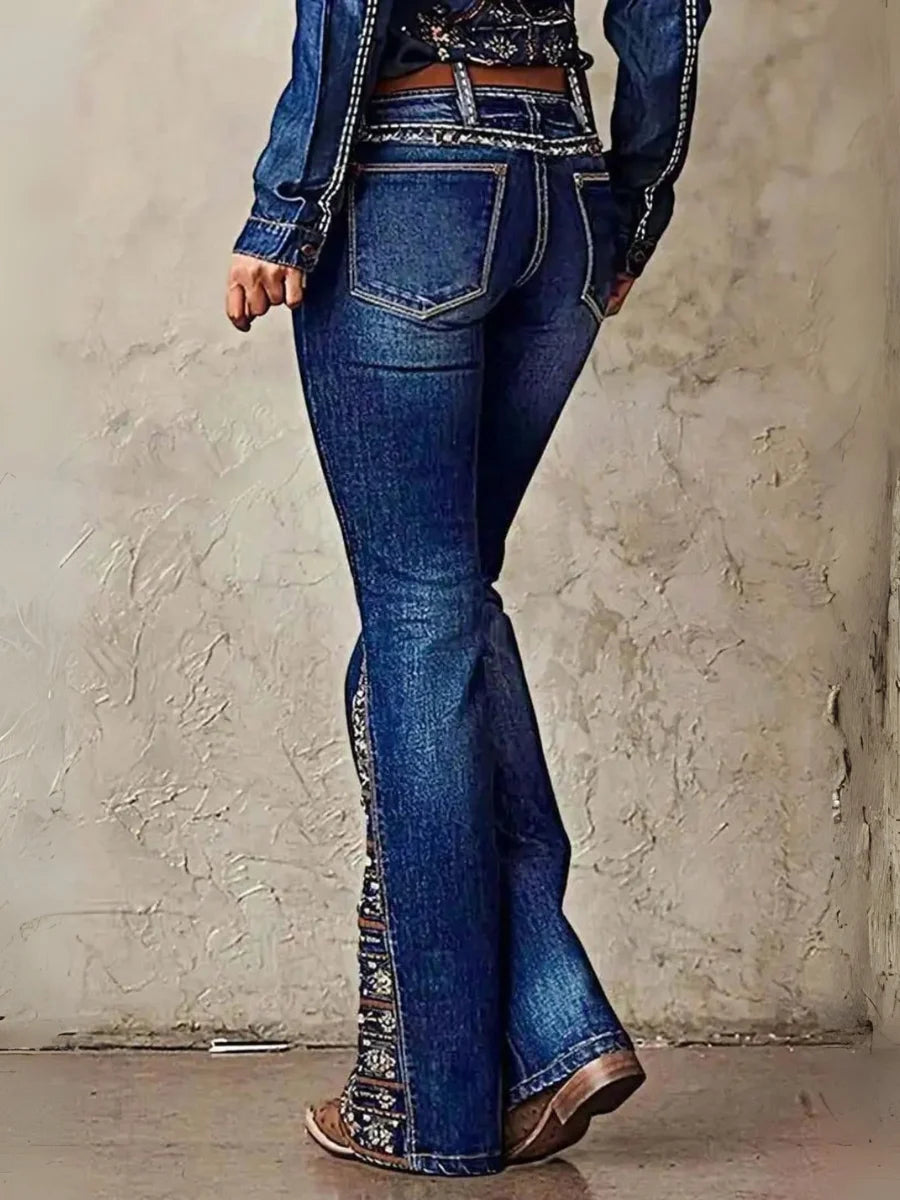 【HME】Jeans | Retro Floral Embroidered Denim Pants, Western Flare Design With Ornate Side Patchwork, Classic Dark Wash Denim Fabric, Stylish Boot‑Cut Pants For Cowgirl Daily & Party Occasions