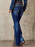 【HME】Jeans | Retro Floral Embroidered Denim Pants, Western Flare Design With Ornate Side Patchwork, Classic Dark Wash Denim Fabric, Stylish Boot‑Cut Pants For Cowgirl Daily & Party Occasions