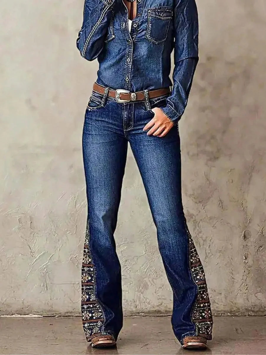 【HME】Jeans | Retro Floral Embroidered Denim Pants, Western Flare Design With Ornate Side Patchwork, Classic Dark Wash Denim Fabric, Stylish Boot‑Cut Pants For Cowgirl Daily & Party Occasions