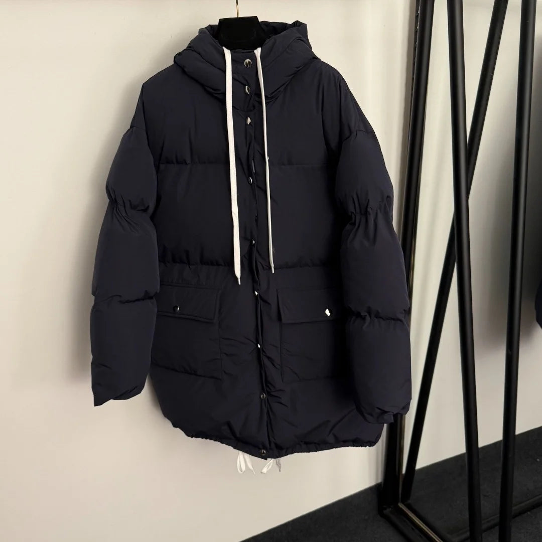 2026 autumn and winter large pocket waist cinched long sleeved hooded mid length cotton jacket for girls
