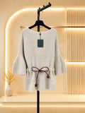 2026 Women Tunic Sweater Boat Neck Batwing Flare Sleeve Leather Drawstring Bow Waist Thick Wool Blend Loose Top
