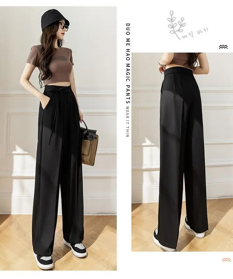 Lady Baggy Pants High Waist Lace Up Straight Leg Pants Women's Classic Designer Suit Trousers High Fashion Korean style Office