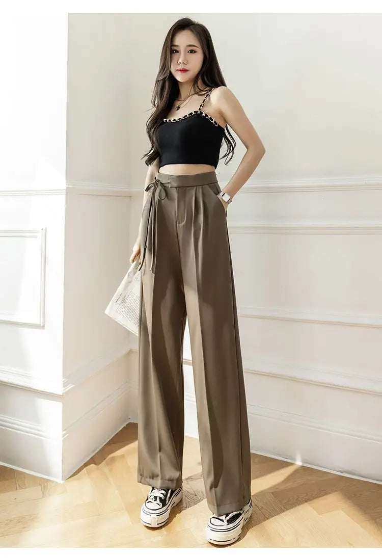 Lady Baggy Pants High Waist Lace Up Straight Leg Pants Women's Classic Designer Suit Trousers High Fashion Korean style Office