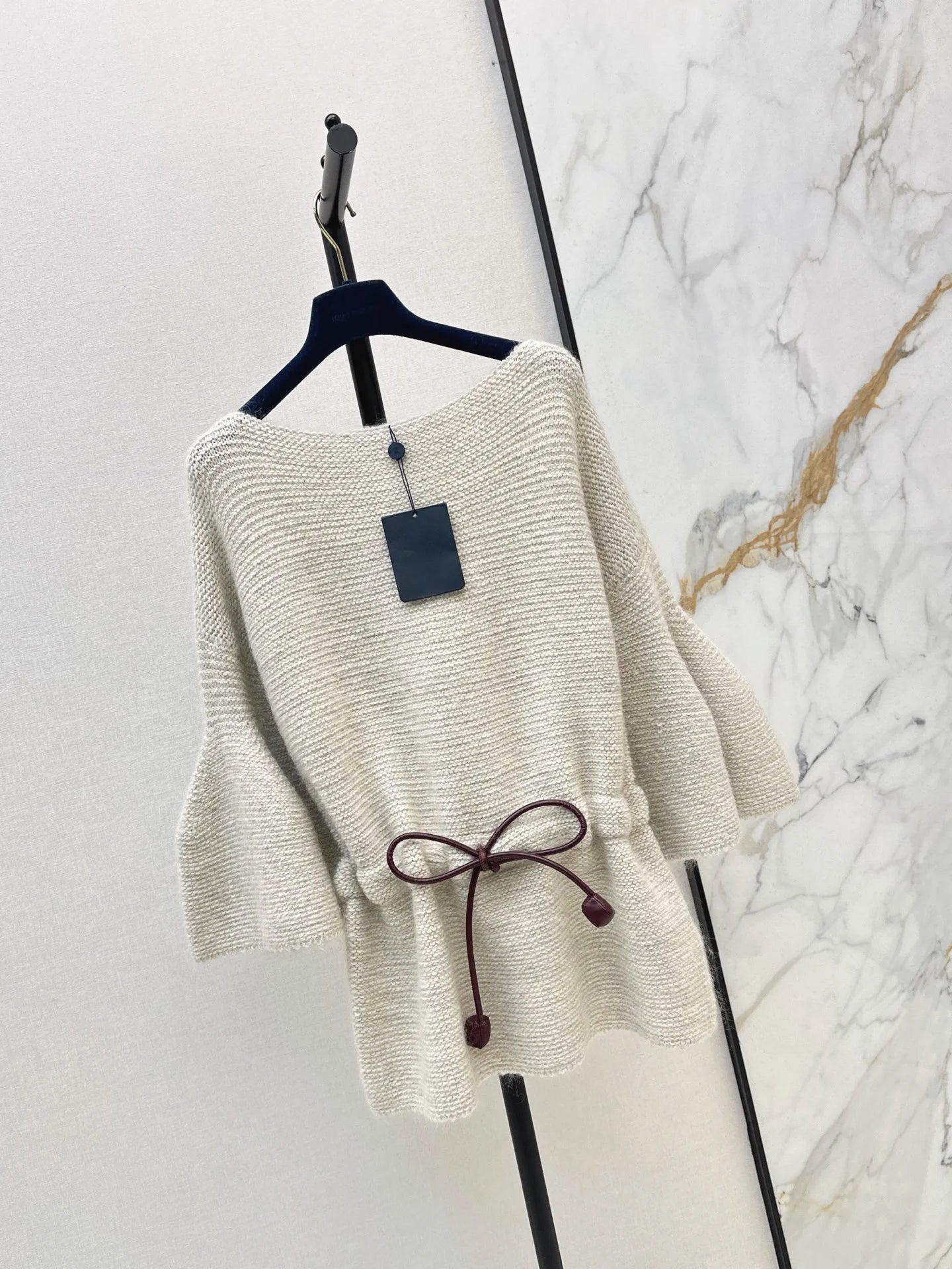 2026 Women Tunic Sweater Boat Neck Batwing Flare Sleeve Leather Drawstring Bow Waist Thick Wool Blend Loose Top
