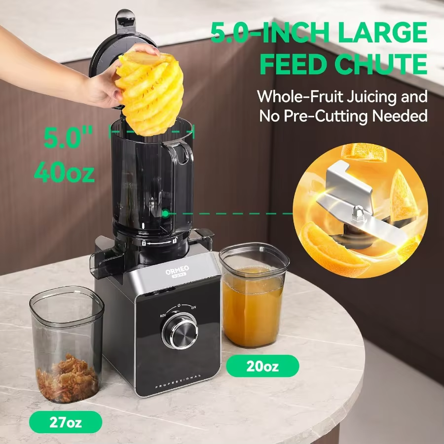 Cold Press Juicer Masticating Juicer with 5.0 Large Feed Chute for Whole Fruits and Vegetables Pulp Separation 99.6 Juice Purit