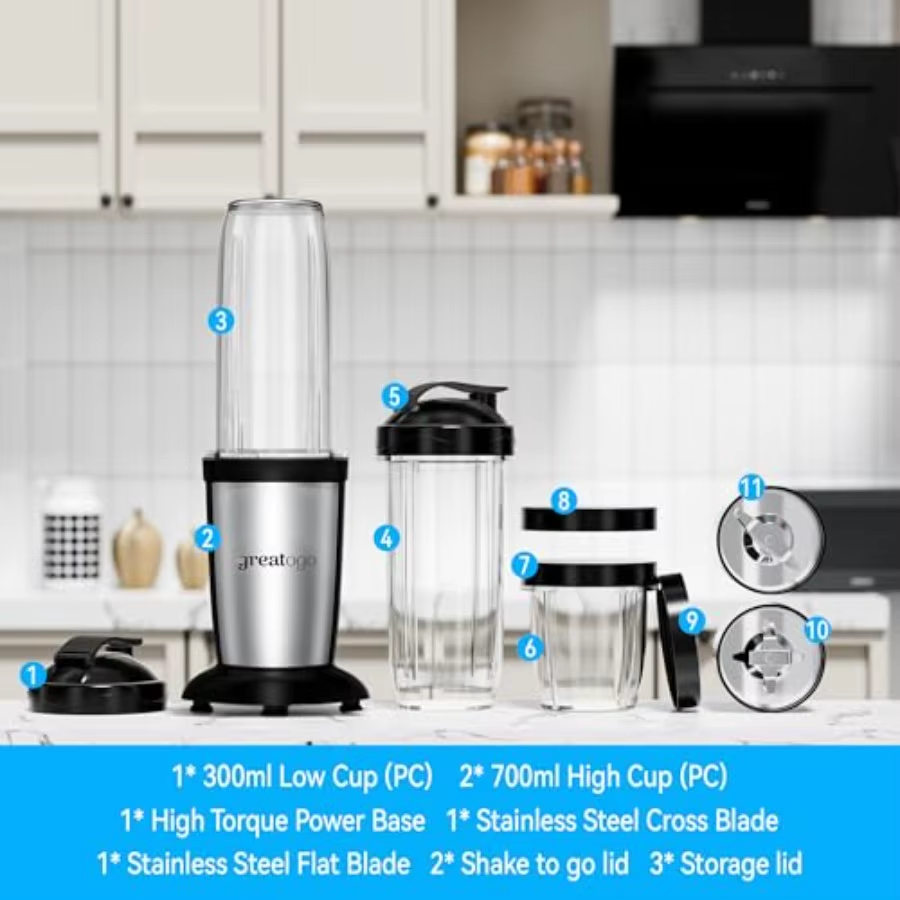 Compact Personal Blender for Smoothies Shakes 2-In-1 Bullet Blender and Grinder with 11-Piece Set 2×24Oz To-Go Cups + 10Oz Grin