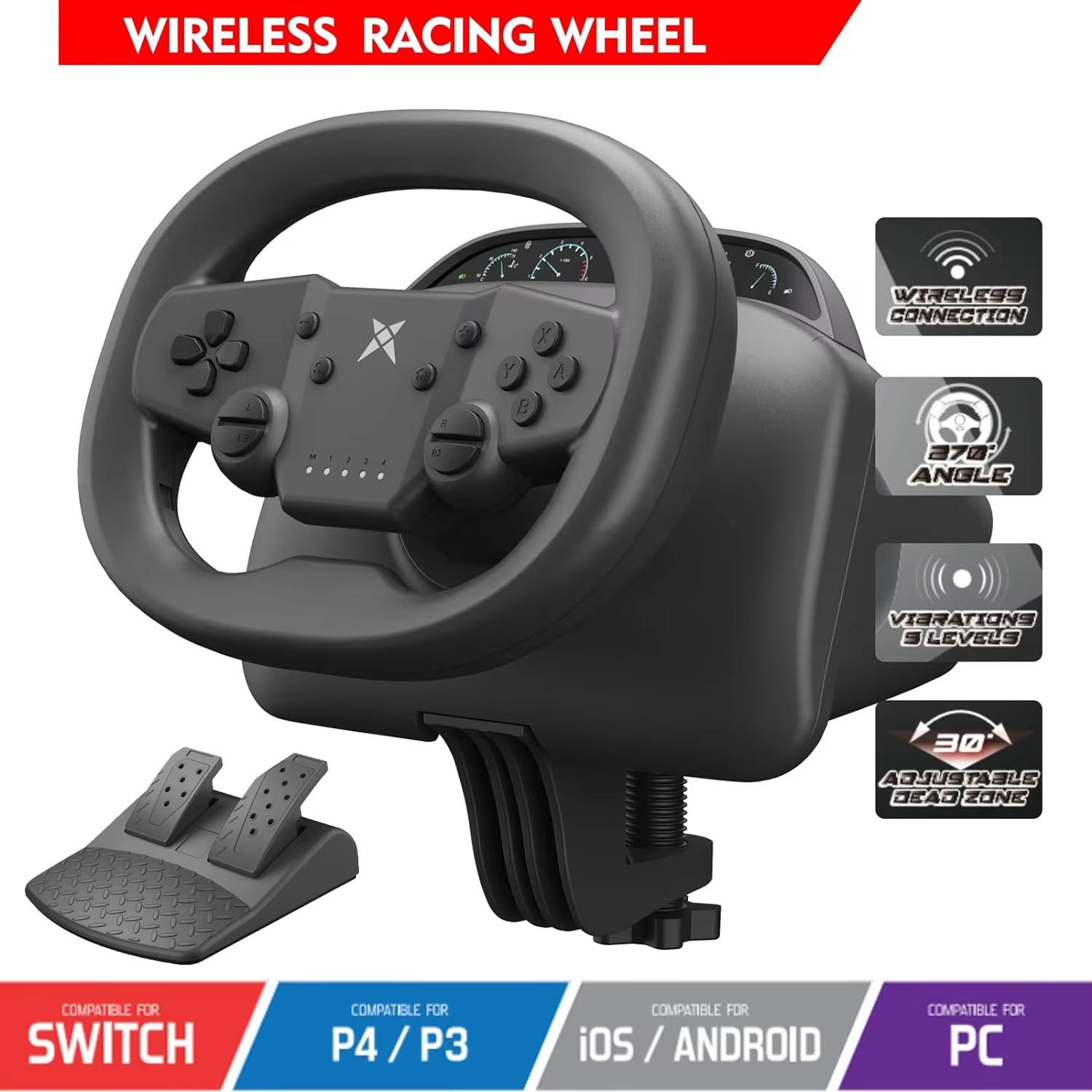DOYO Racing Game Steering Wheel Vibration Controller Simulation Racing Pedals for Switch/Pc /Ps4/Ps3/Ios and Android Phones
