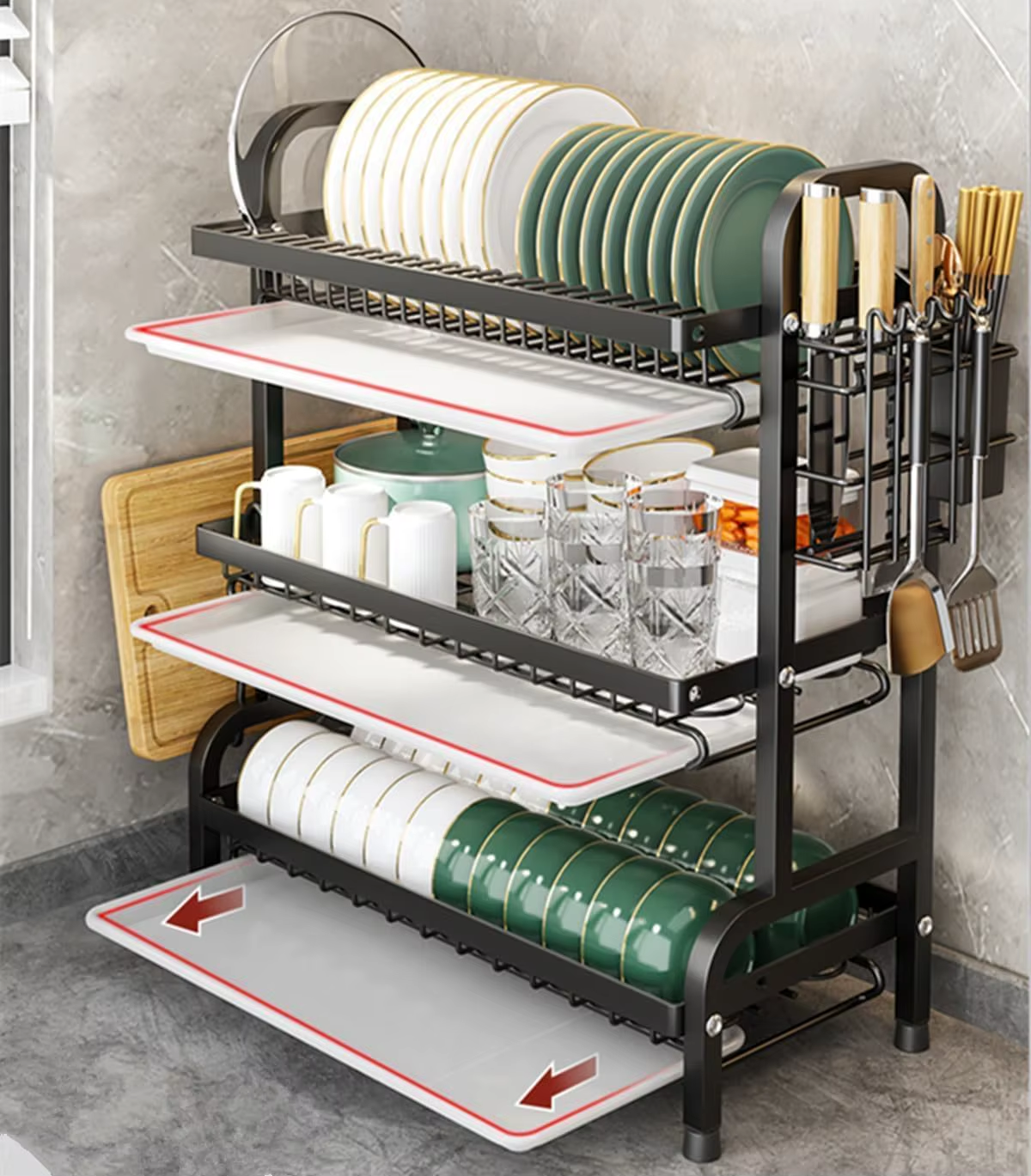 Dish Rack, Three-Tier Space-Saving Kitchen Countertop Utensil Holder, Large Capacity Dish Drainer, Suitable for Tableware
