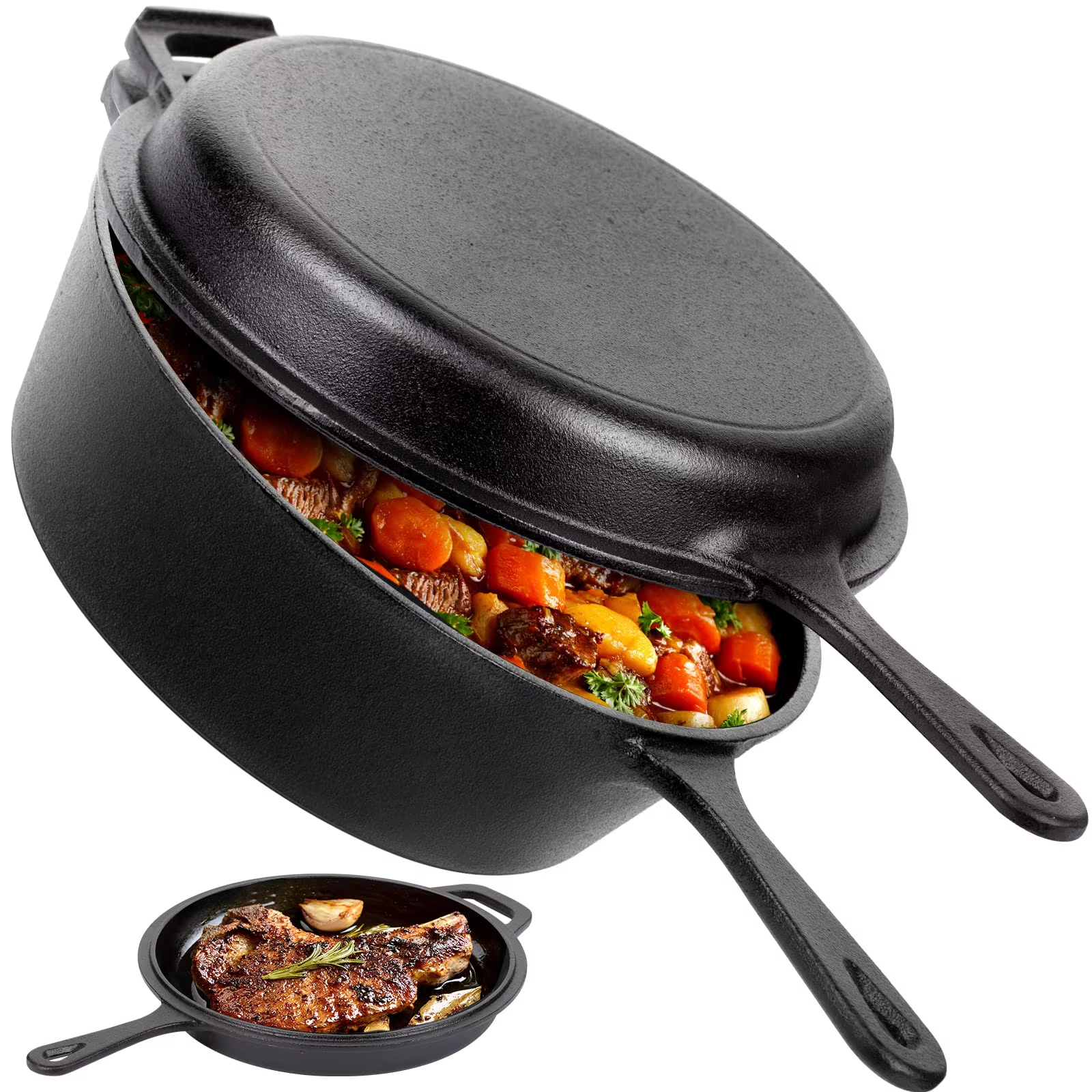 Dutch Oven & Skillet Combo，Preseasoned Cast Iron Cookware Set，2-In-1 Multi Cooker - Deep Pot + Frying Pan，Works for Bread, Indoo