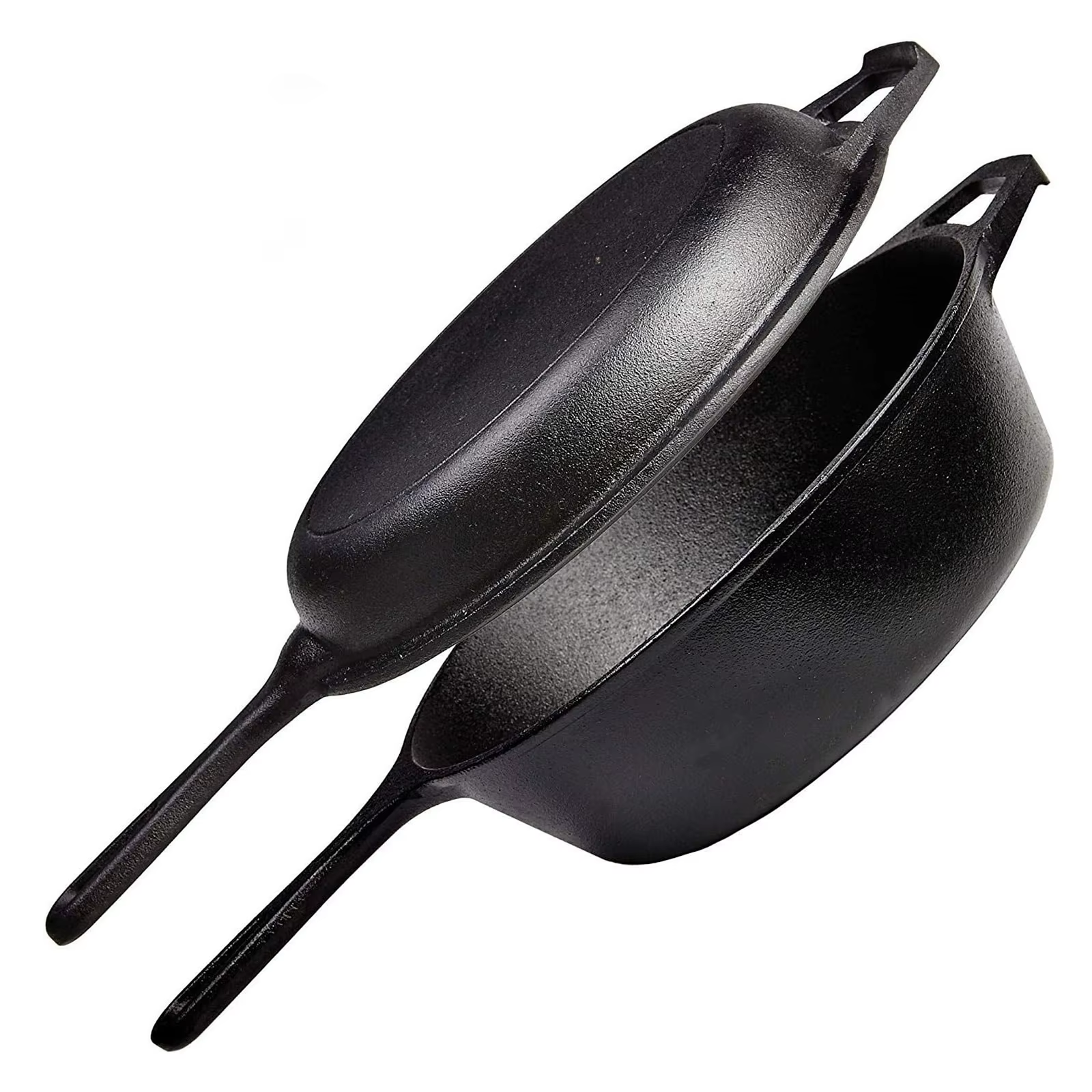 Dutch Oven & Skillet Combo，Preseasoned Cast Iron Cookware Set，2-In-1 Multi Cooker - Deep Pot + Frying Pan，Works for Bread, Indoo