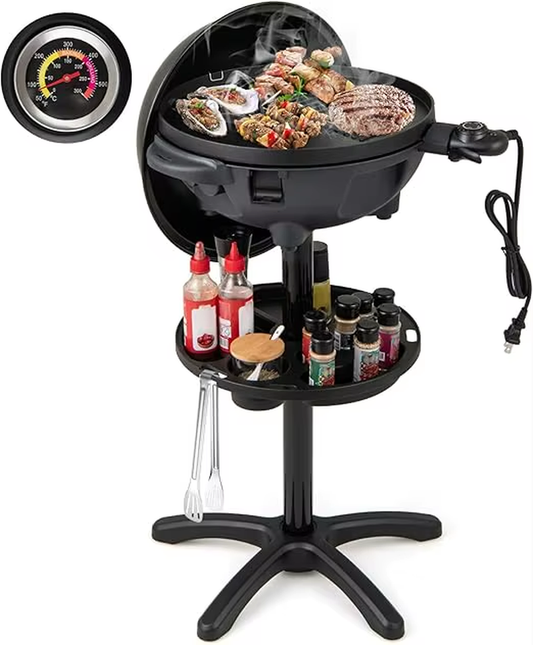 Electric Grill Outdoor, 1200W BBQ Grills Outdoor Cooking with Lid & Thermometer, Nonstick Griddle, Drip Tray
