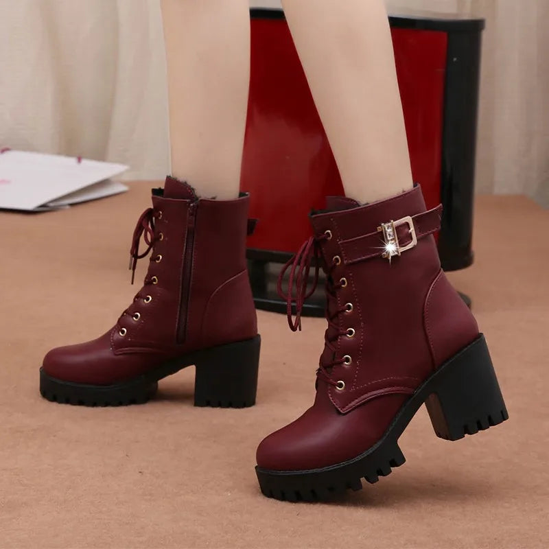 Hot Sale Women Boots Lace Up Flat Biker  Wine Red Boots Shoes Buckle Woman Botas Women  Boots 2021 New