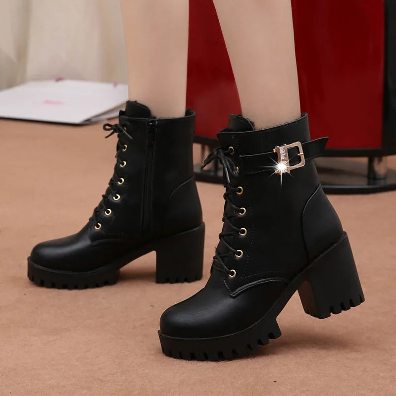 Hot Sale Women Boots Lace Up Flat Biker  Wine Red Boots Shoes Buckle Woman Botas Women  Boots 2021 New