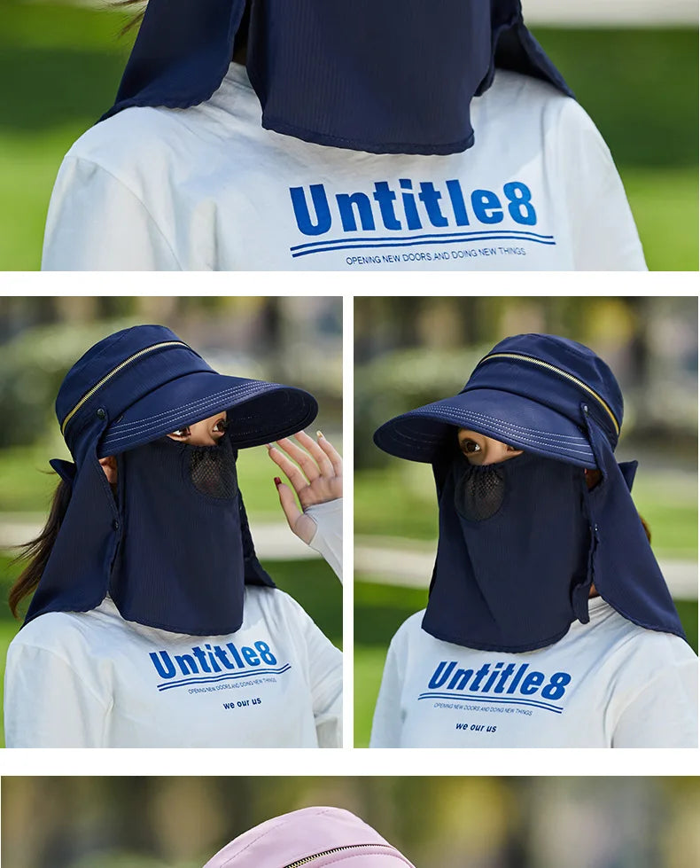 Women Outdoor Riding Anti-UV Sun Hat Foldable Big Brim Hats Neck Face Protection Detachable Mask Sunscreen Breathable Beach Caps