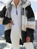 2024 Autumn Winter  Warm Plush Patchwork Zipper Pocket  Hooded Loose Coat Women