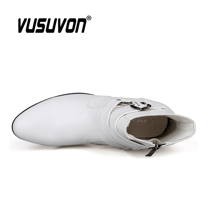 VUSUVON Fashion Men Spring Autumn Pointed Toe Height Increase Chelsea Ankle Boots Western High Top Casual Shoe PU Leather