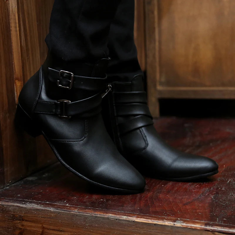 VUSUVON Fashion Men Spring Autumn Pointed Toe Height Increase Chelsea Ankle Boots Western High Top Casual Shoe PU Leather