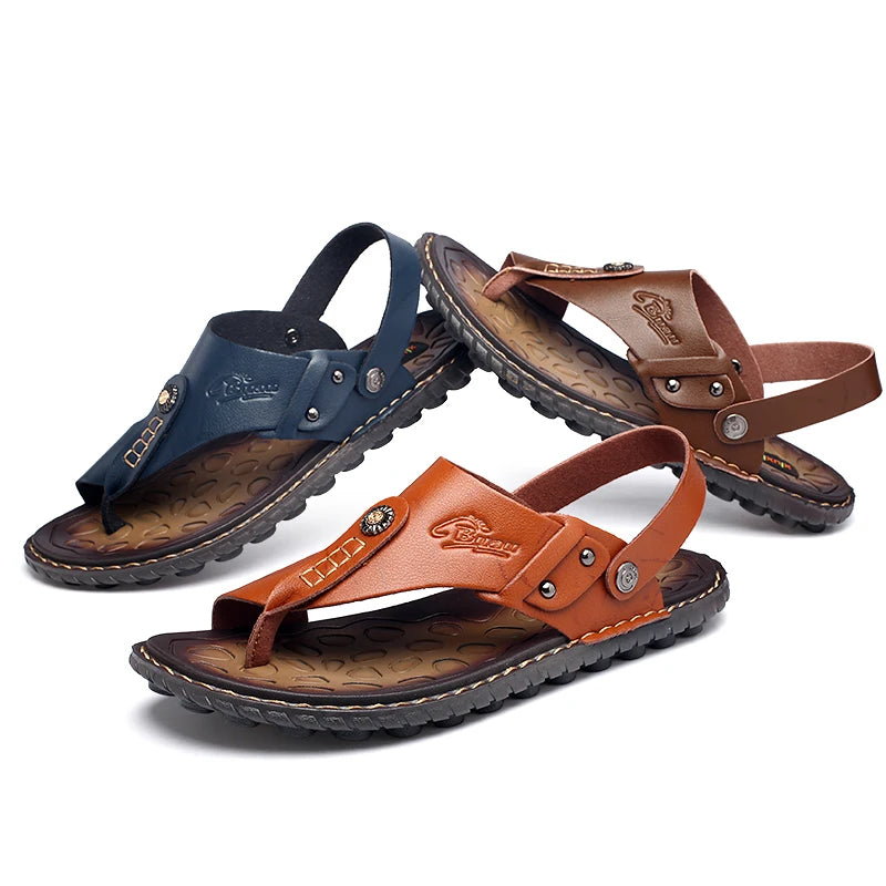 Hot Sale Men's Summer Sandals Breathable Leather Flip-Flops Slippers Men  Hand-made Beach Casual Shoes Big Size 47