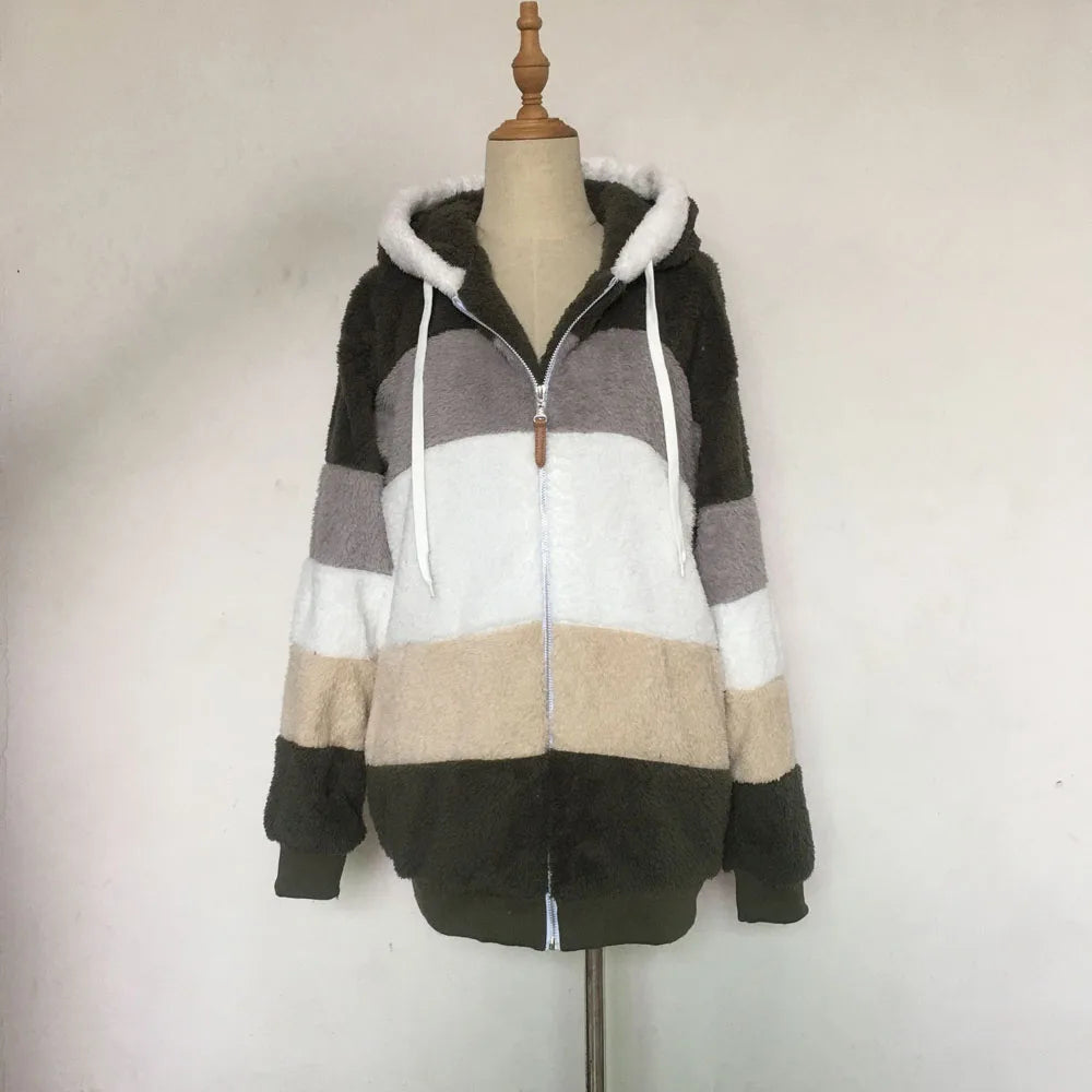 2024 Autumn Winter  Warm Plush Patchwork Zipper Pocket  Hooded Loose Coat Women