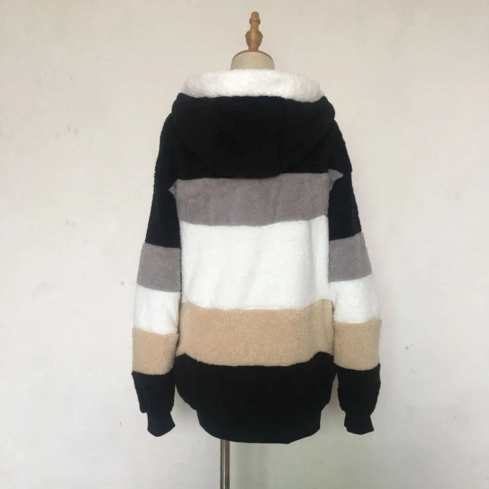 2024 Autumn Winter  Warm Plush Patchwork Zipper Pocket  Hooded Loose Coat Women