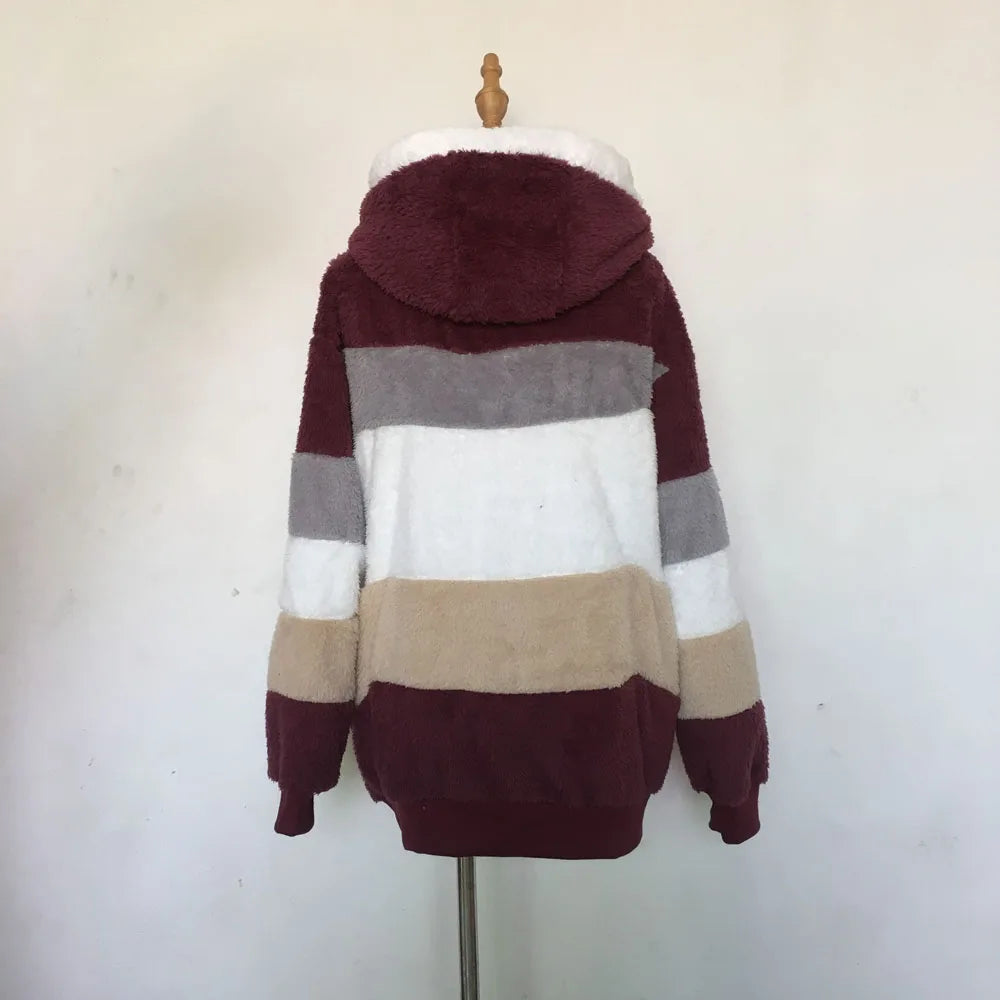 2024 Autumn Winter  Warm Plush Patchwork Zipper Pocket  Hooded Loose Coat Women