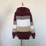 2024 Autumn Winter  Warm Plush Patchwork Zipper Pocket  Hooded Loose Coat Women
