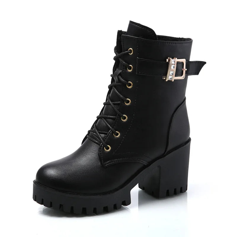 Hot Sale Women Boots Lace Up Flat Biker  Wine Red Boots Shoes Buckle Woman Botas Women  Boots 2021 New