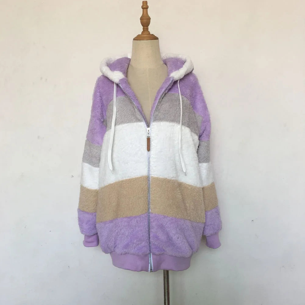 2024 Autumn Winter  Warm Plush Patchwork Zipper Pocket  Hooded Loose Coat Women