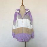 2024 Autumn Winter  Warm Plush Patchwork Zipper Pocket  Hooded Loose Coat Women