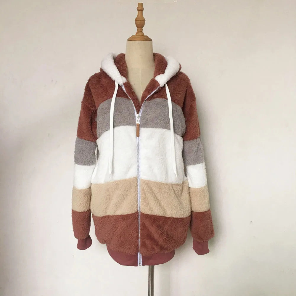 2024 Autumn Winter  Warm Plush Patchwork Zipper Pocket  Hooded Loose Coat Women