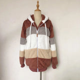 2024 Autumn Winter  Warm Plush Patchwork Zipper Pocket  Hooded Loose Coat Women