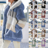 2024 Autumn Winter  Warm Plush Patchwork Zipper Pocket  Hooded Loose Coat Women
