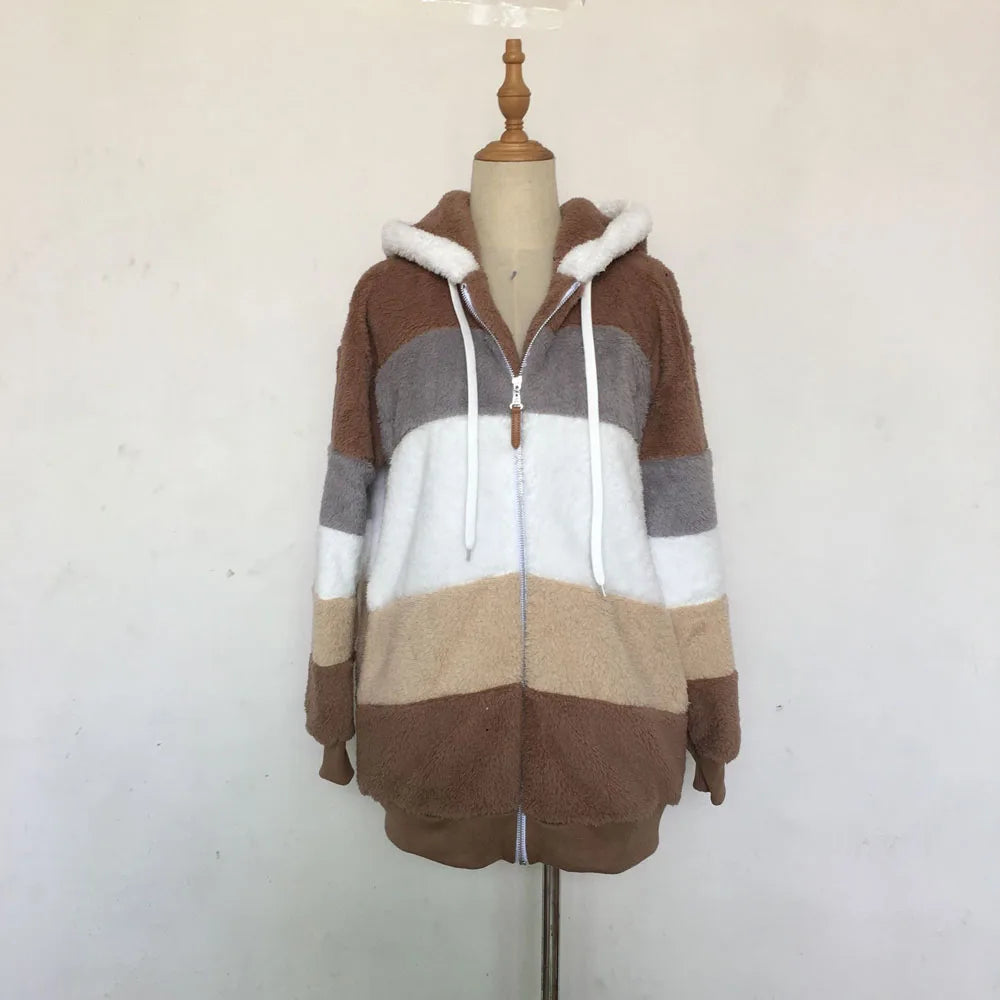 2024 Autumn Winter  Warm Plush Patchwork Zipper Pocket  Hooded Loose Coat Women